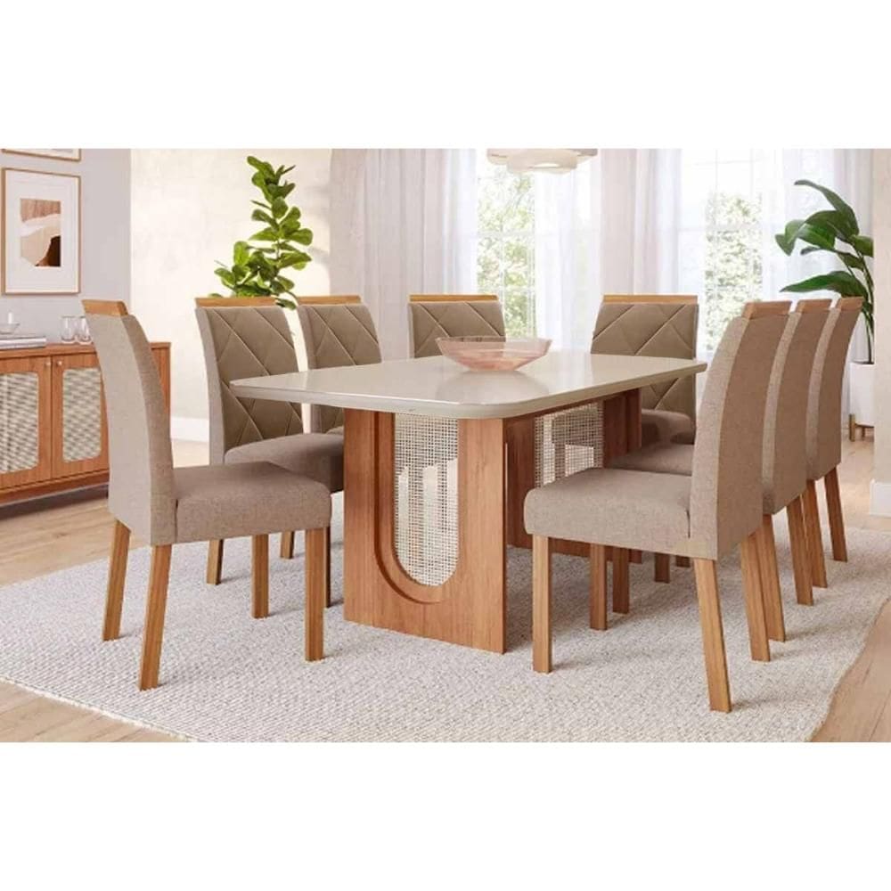 Conjunto: Mesa Sala Jantar Valentina Tampo Madeirado c/ Vidro 210x100cm e 8 Cadeiras Fernanda Cinamomo/Off White - Carvalho/Linho Bege Cimol
