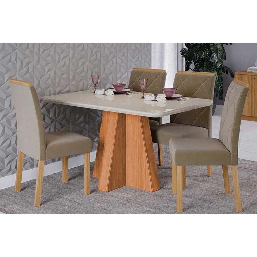 Conjunto: Mesa Sala Jantar Maitê Tampo Madeirado c/ Vidro 130x80cm e 4 Cadeiras Fernanda Cinamomo/Off White - Carvalho/Suede Joli Capuccino Cimol