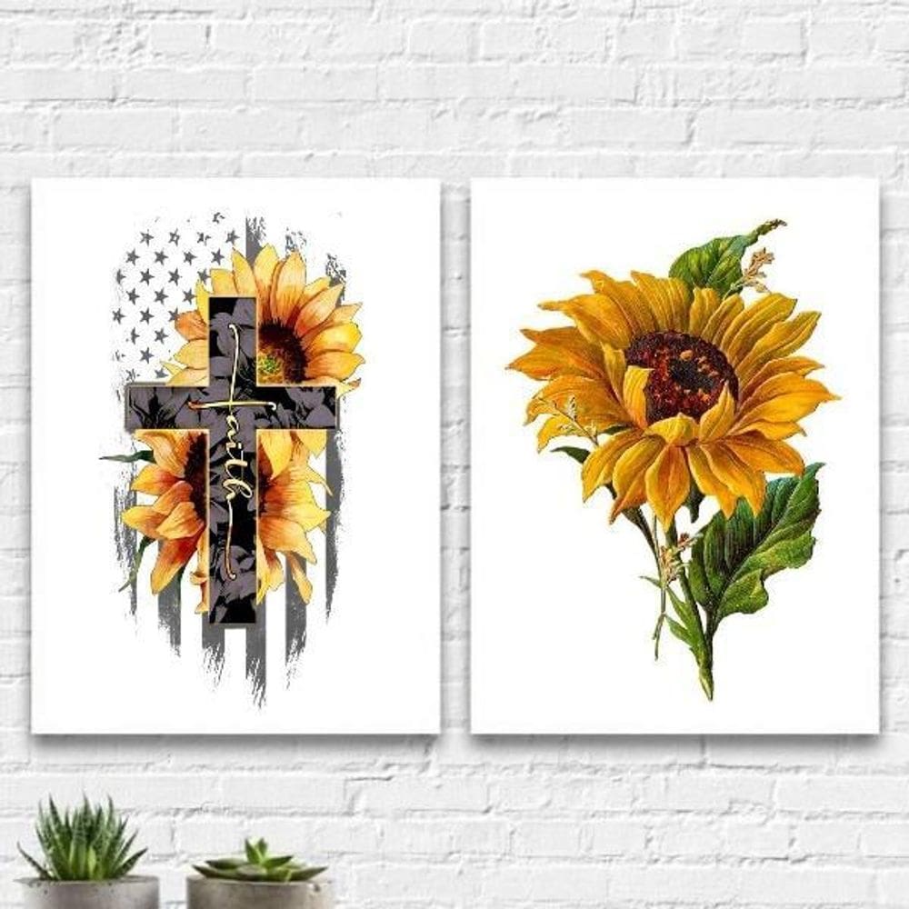 Kit 2 Quadros Girassóis Faith Cruz 24X18Cm - Madeira Branca