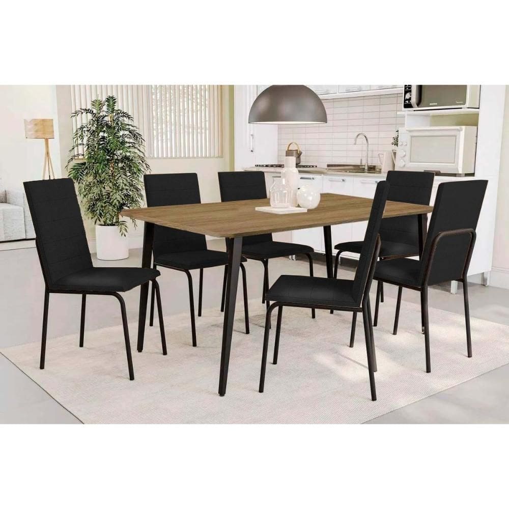 Conjunto: Mesa Sala Jantar Iguaçu c/ Tampo de Madeira 160cm e 6 Cadeiras Amsterdã Preto Fosco/Corano Preto 110 Kappesberg