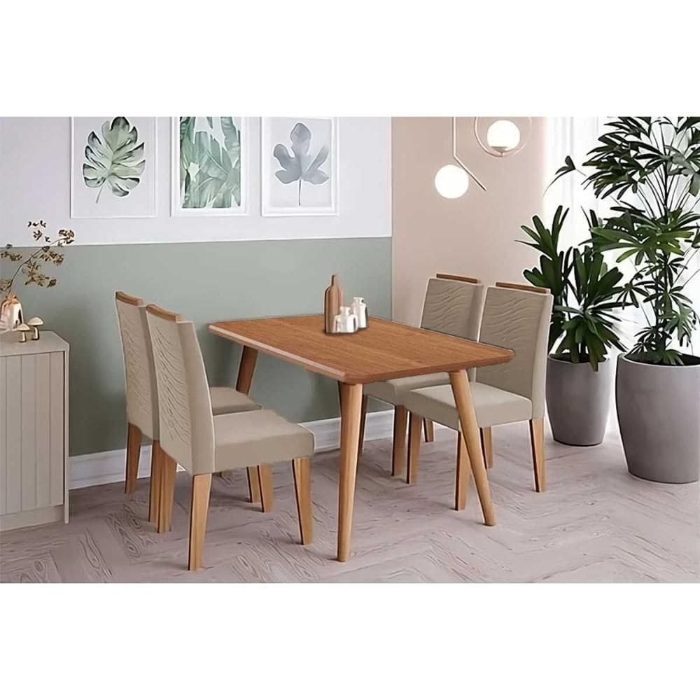 Conjunto: Mesa Sala Jantar Adele Tampo Madeirado 130x80cm e 4 Cadeiras Clarice Carvalho/Cinamomo - Suede Nude Bege Cimol
