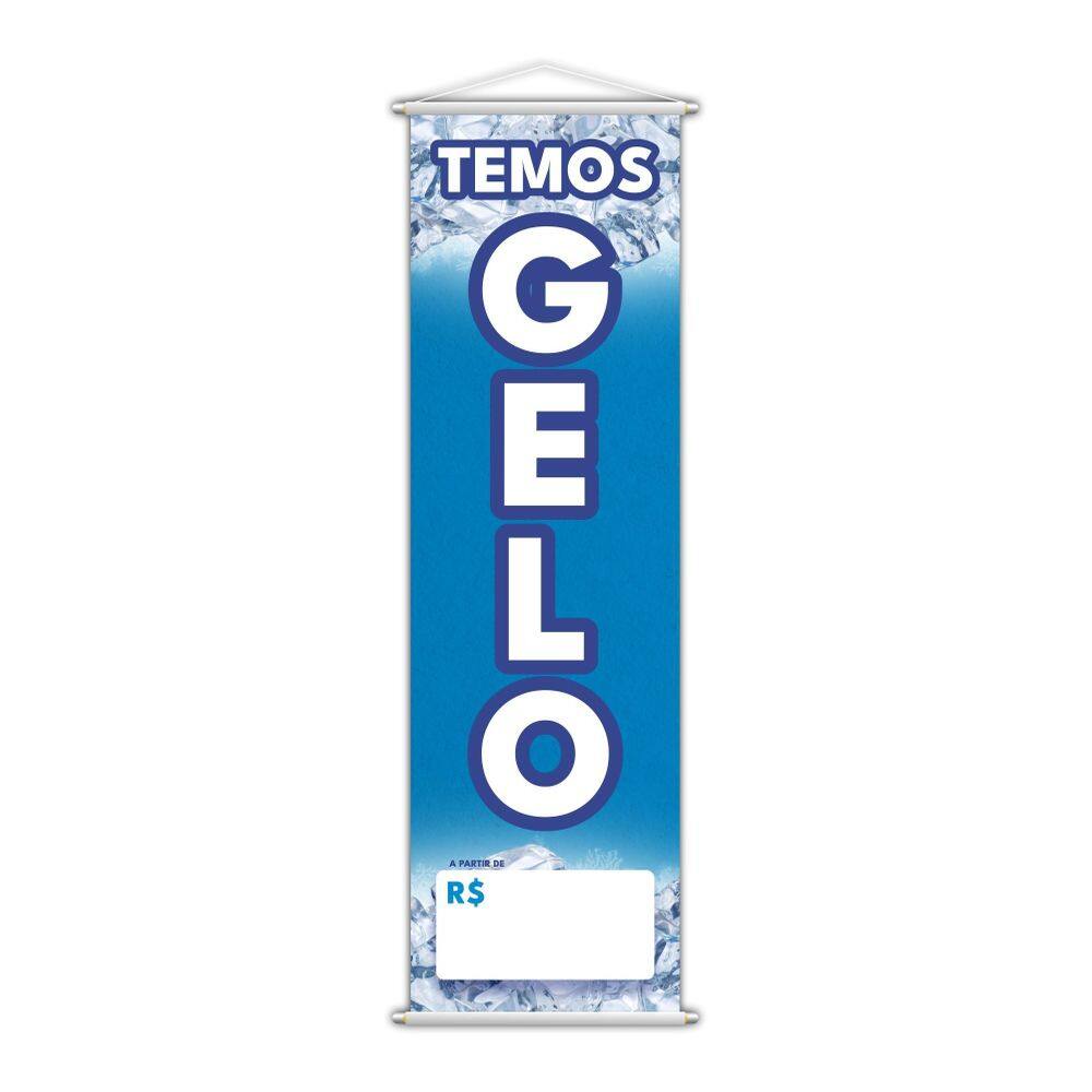 Banner Temos Gelo Preço Fundo Branco Serviço Lona 100X30Cm