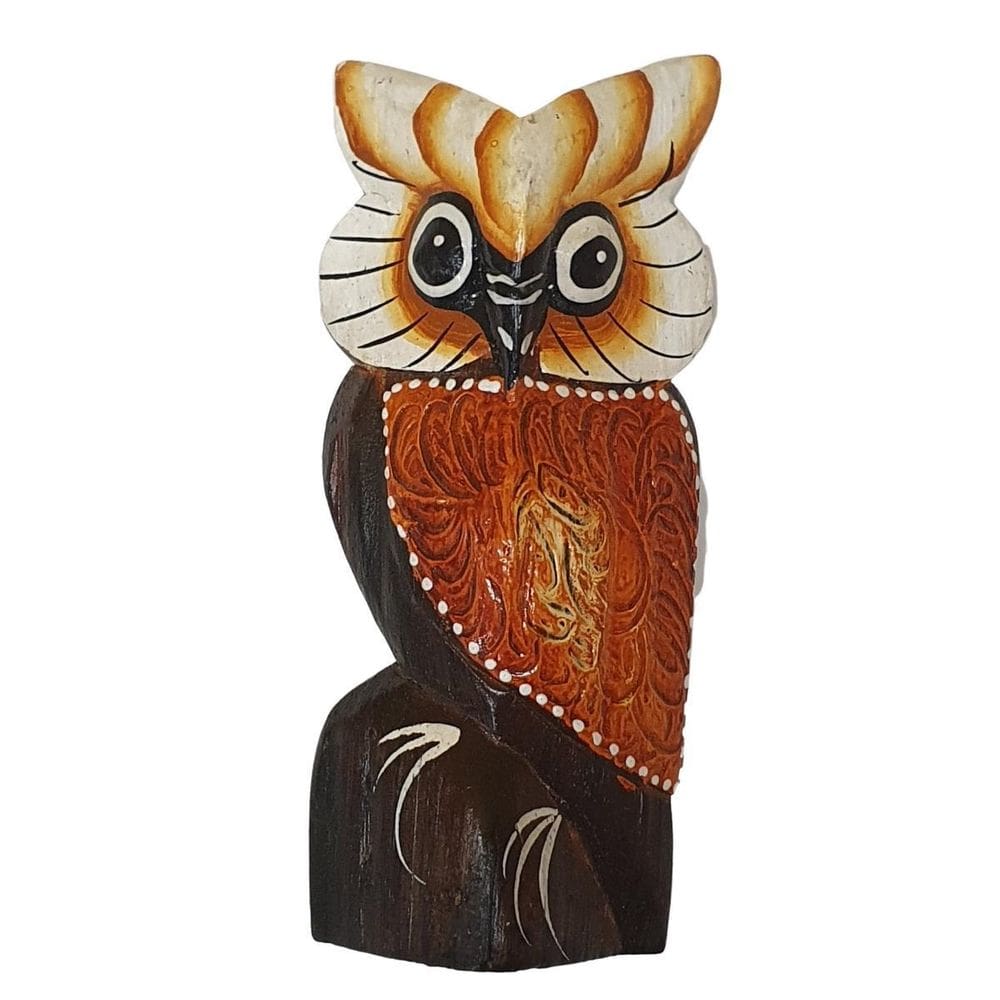 Coruja Entalhe E Pintura Madeira Balsa Laranja 20Cm