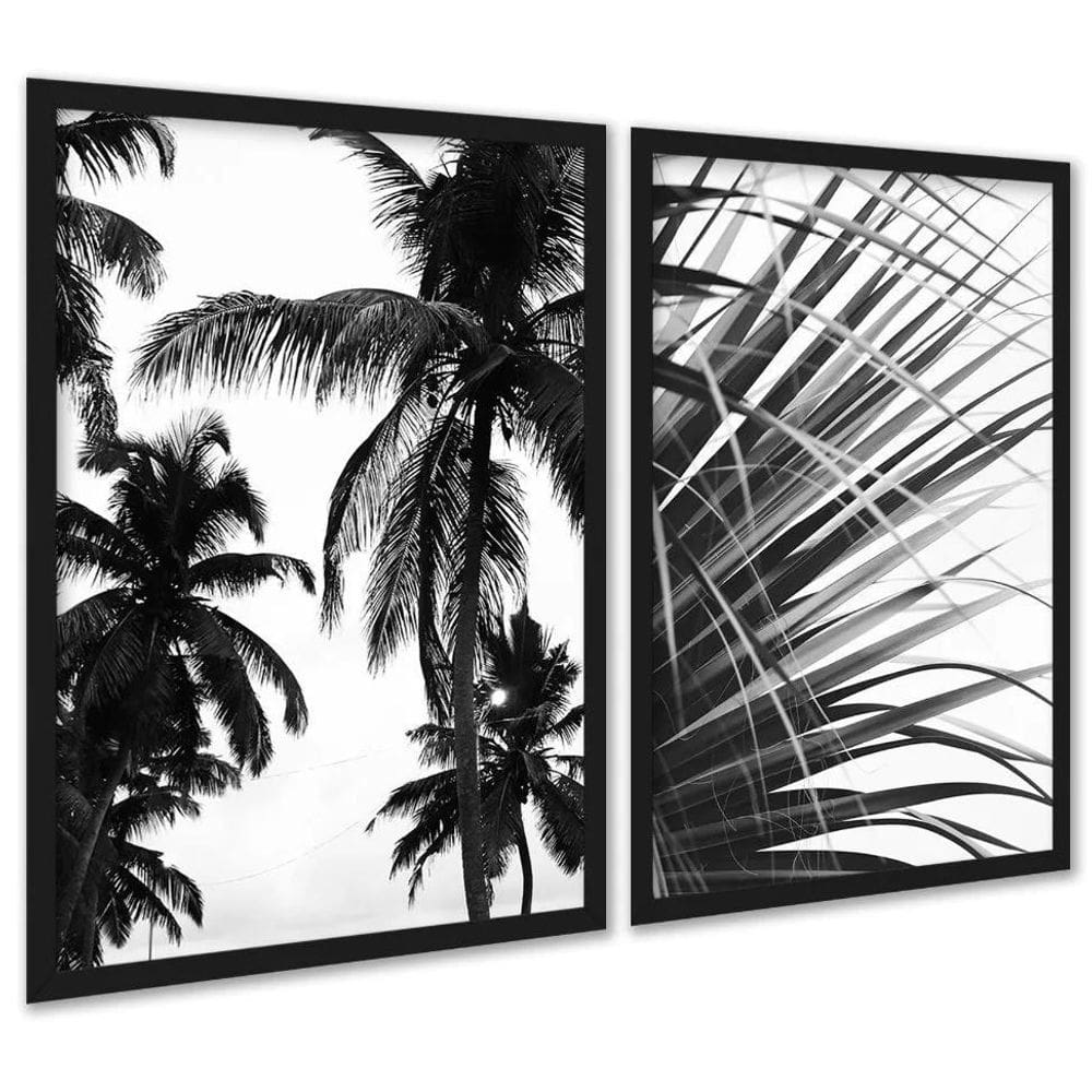 Kit 2 Quadros Coqueiro Planta Preto E Branco 45X34Cm - Vidro
