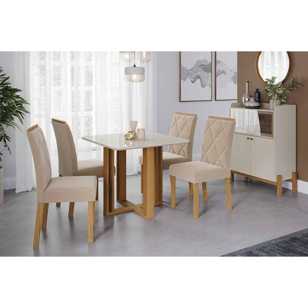 Conjunto: Mesa Sala Jantar Flora Tampo Madeirado c/ Vidro 95x95cm e 4 Cadeiras Fernanda Cinamomo/Off White - Carvalho/Suede Nude Bege Cimol