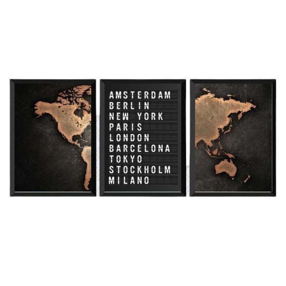 Kit 3 Quadros Mapa Placa Aeroporto 33X24Cm - Madeira Preta
