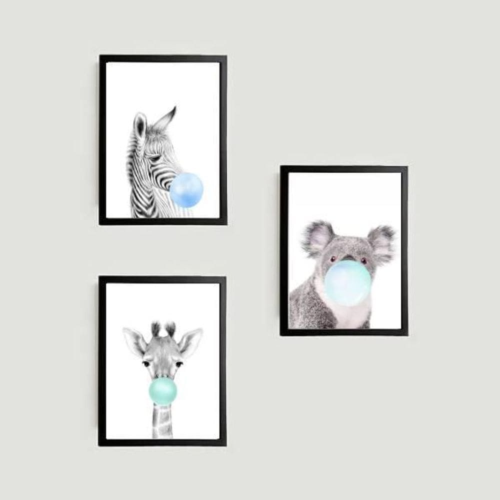 Kit 3 Quadros Bichinhos Chicletes Azul 45X34 Com Vidro Preta