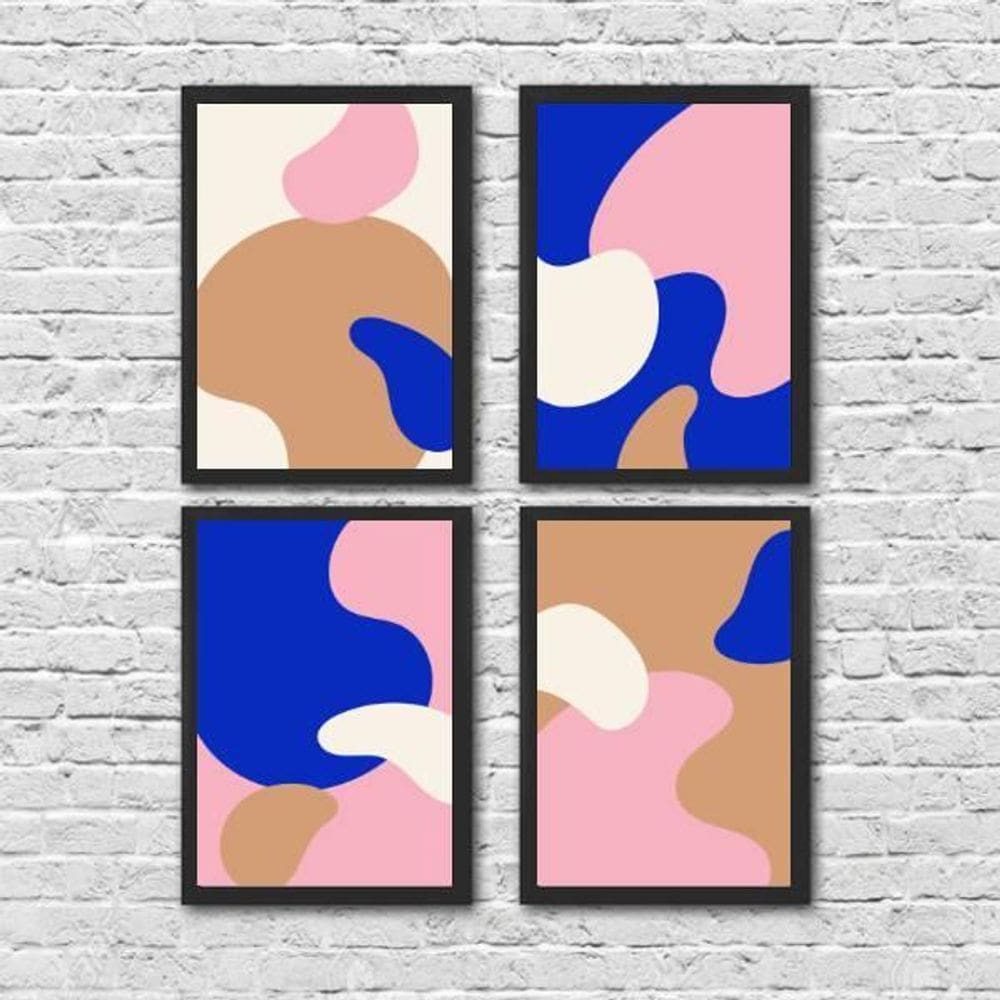 Kit 4 Quadros Abstratos Camuflado 45X34Cm Com Vidro Preta