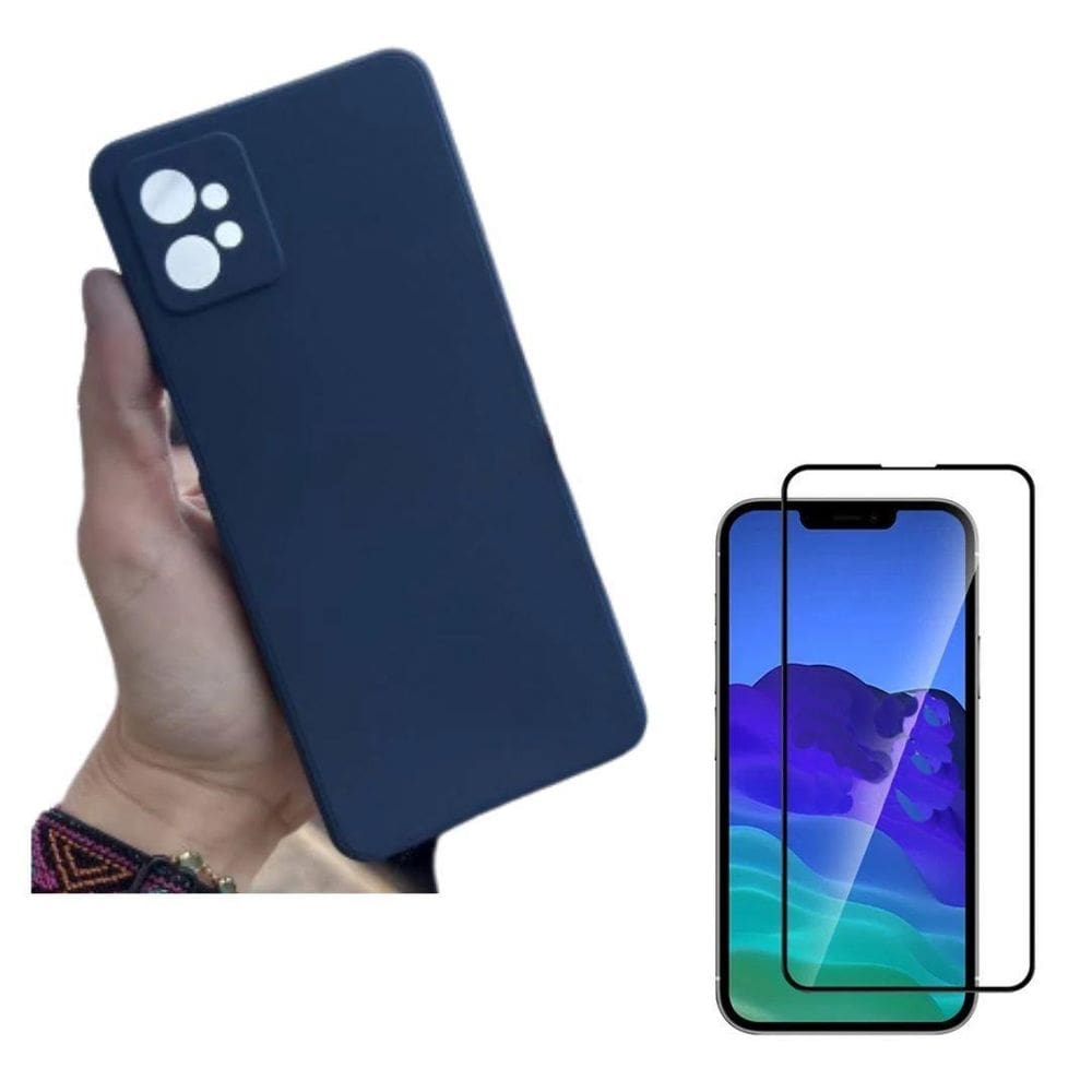 Kit Capa Veludo Azul Marinho Compatível Moto G32+Película 3D