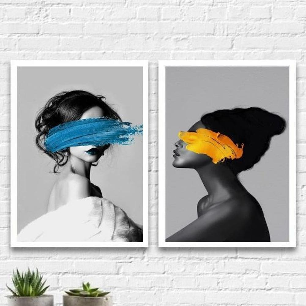 Kit 2 Quadros Mulheres Com Tinta Azul Amarelo 45X34Cm Branca