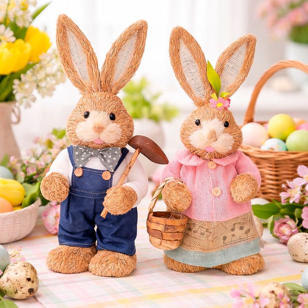 Casal Coelho Coelhinho Decoração Enfeite Páscoa Palha 45cm