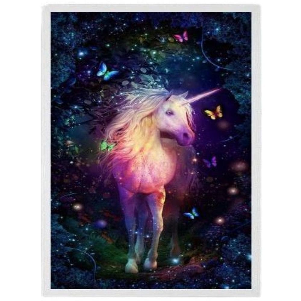 Quadro Unicórnio Mágico Borboletas Moldura Branca 33X24Cm
