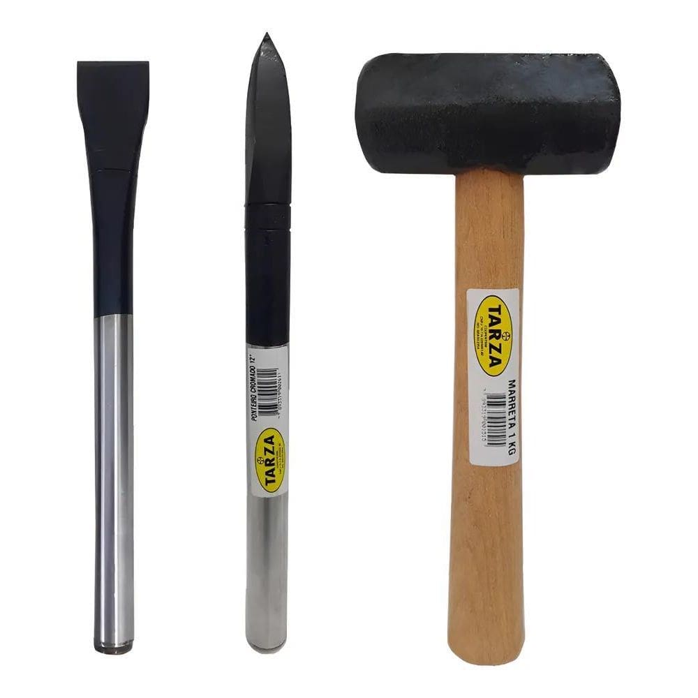 Marreta 1Kg + Talhadeira Cromada 12 + Ponteiro 12 Aço Forjad