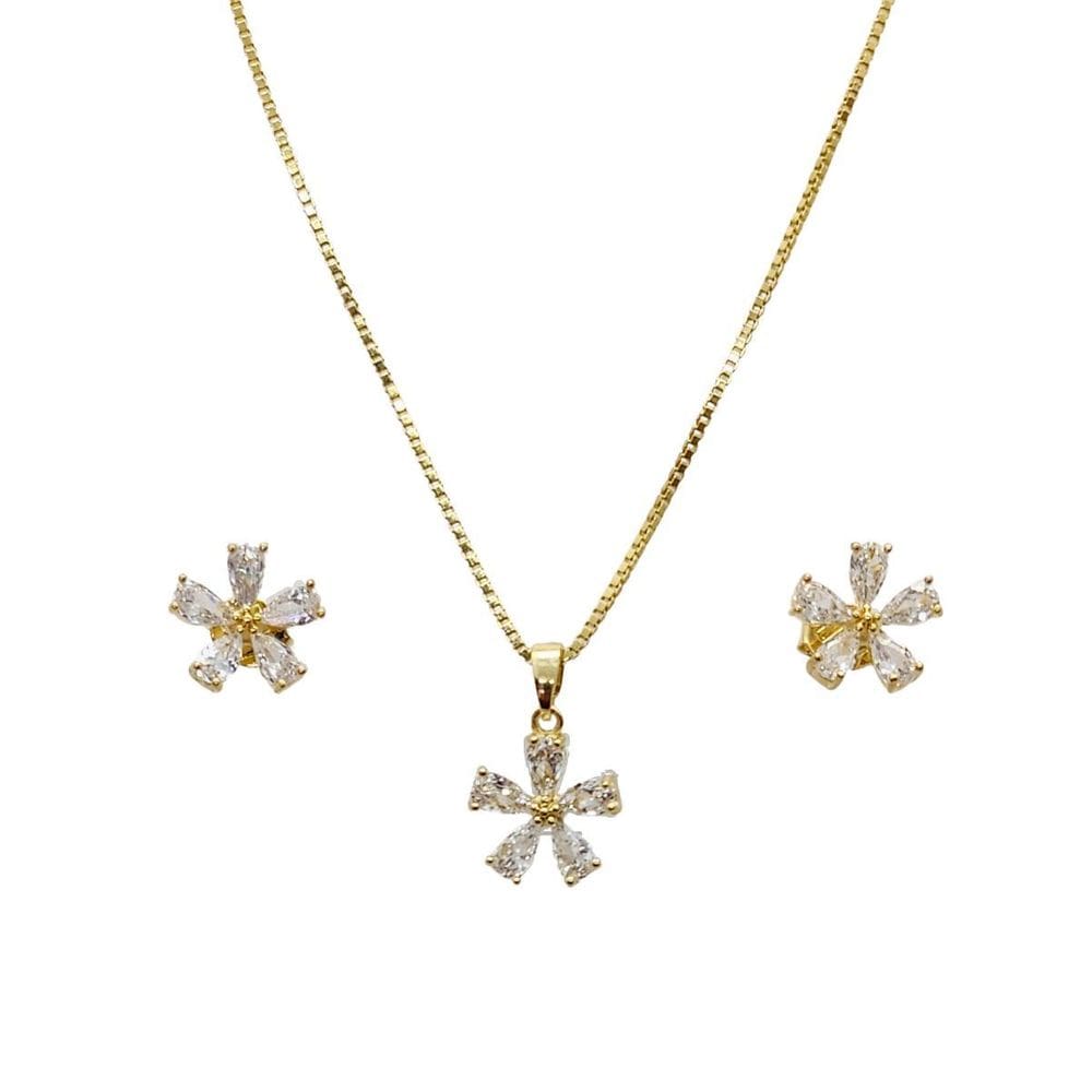 Gargantilha Veneziana Folheada A Ouro E Brinco Flor Zircônia