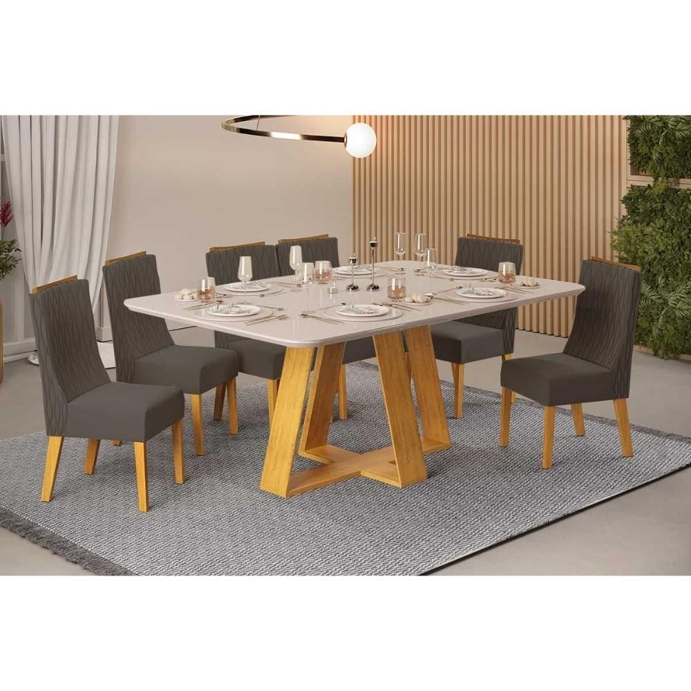 Conjunto: Mesa de Cozinha Celeste c/ Tampo Madeirado c/ Vidro Curvo 160x90cm e 6 Cadeiras Jade Cedro/Off White - Suede Lunar - DJ Móveis