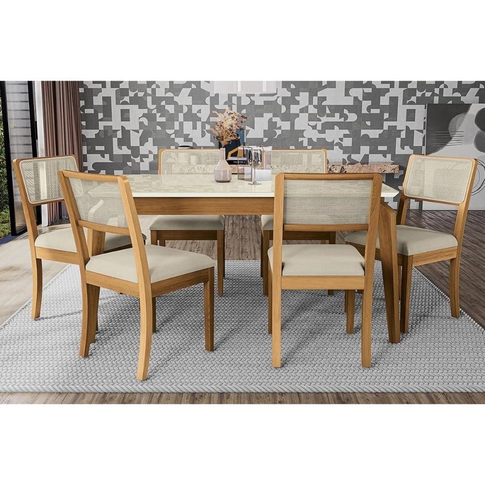 Mesa Cozinha Petra Premium Madeira Maciça c/ Tampo Madeirado c/ Vidro 160x90cm e 6 Cadeiras Lola Carvalho/Off White - Linho Bege Argila-Kappesberg
