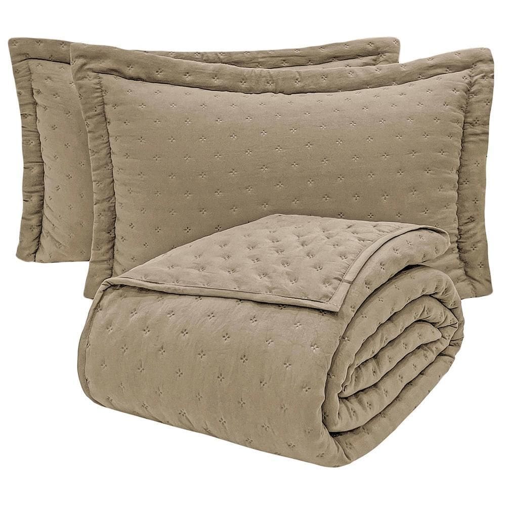 Kit Cobre Leito Colcha Ryviera King Dupla Face 3 Peças Cáqui