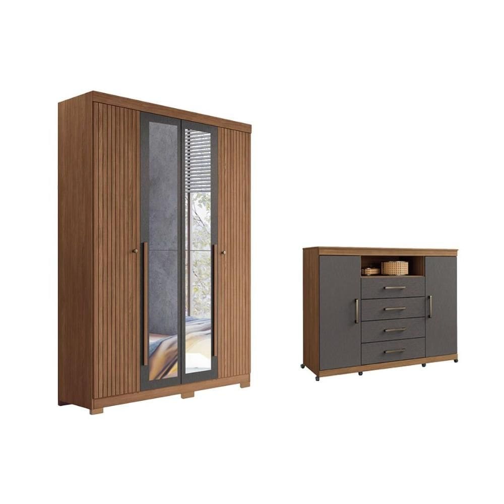 Quarto Completo Modu +Cômoda QC305 Jatobá/Grafite - Santos Andirá