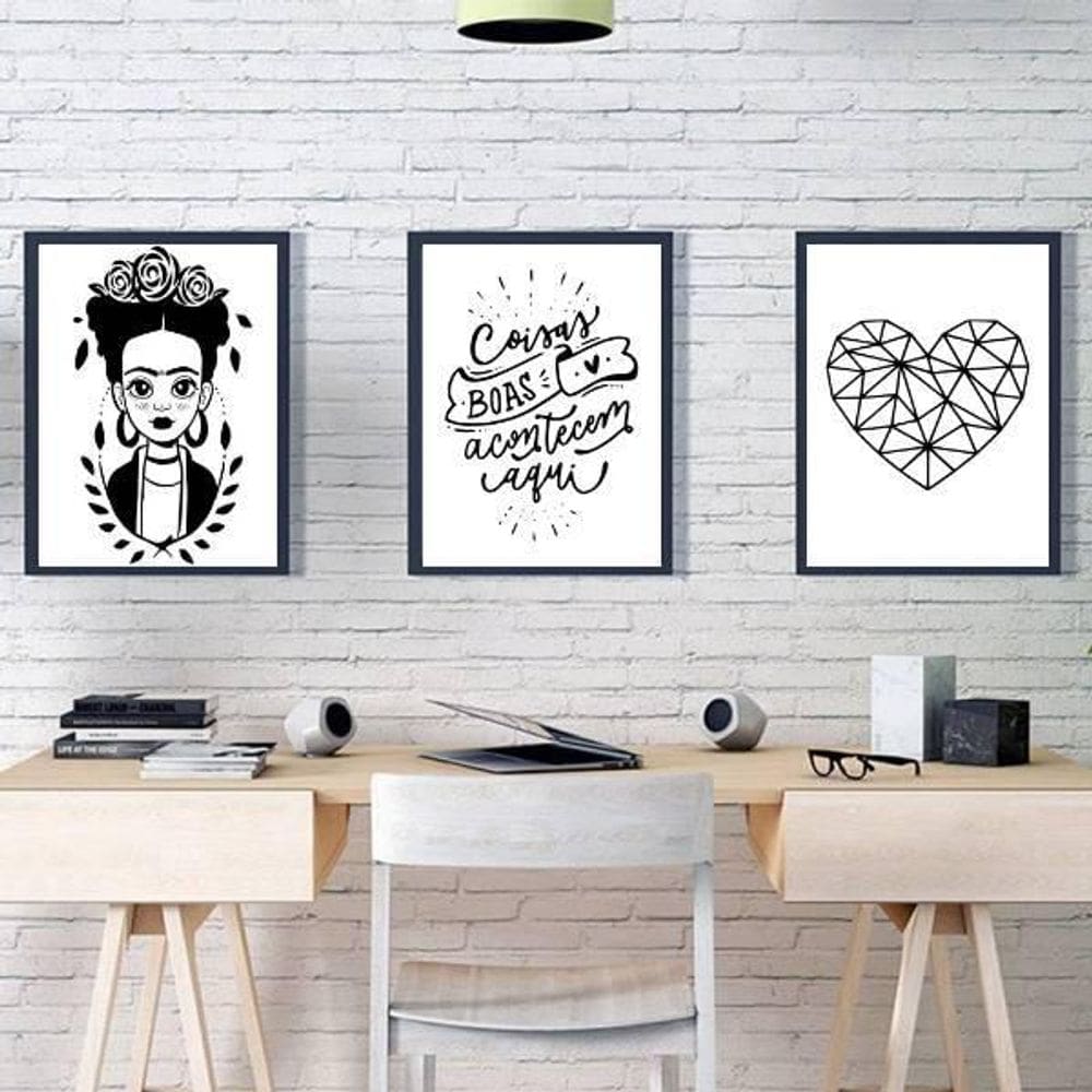 Kit 3 Quadros Coisas Boas Acontecem Aqui 24X18 Moldura Preta