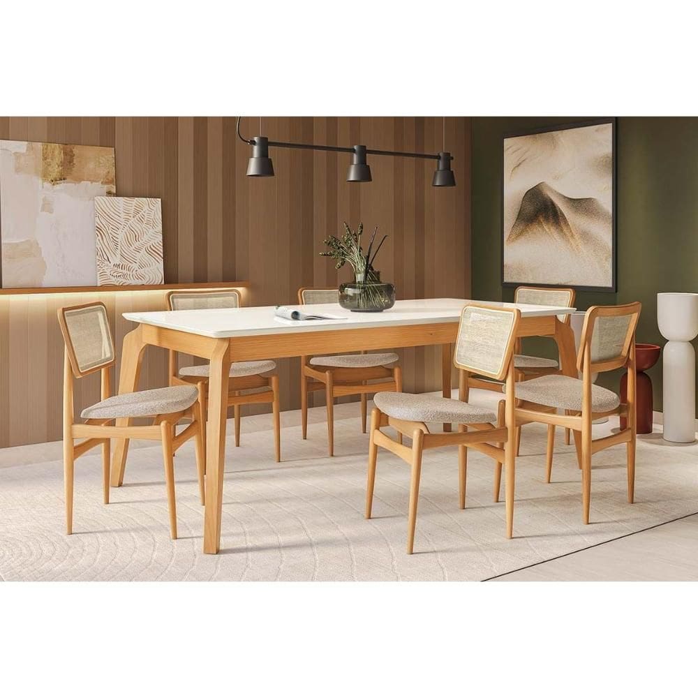 Conjunto Mesa Petra Premium Madeira Maciça c/ Tampo Madeirado c/ Vidro 200x100cm e 6 Cadeiras Stela Carvalho/Off White - Linho Bege Argila Kappesberg