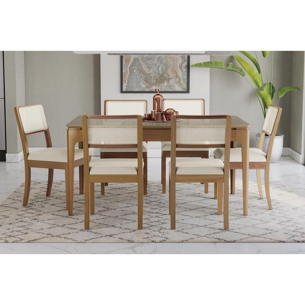 Mesa Cozinha Mira Premium Madeira Maciça c/ Tampo Madeirado c/ Vidro 160x90cm e 6 Cadeiras Lola Carvalho/Freijo Bronze - Linho Bege Argila-Kappesberg