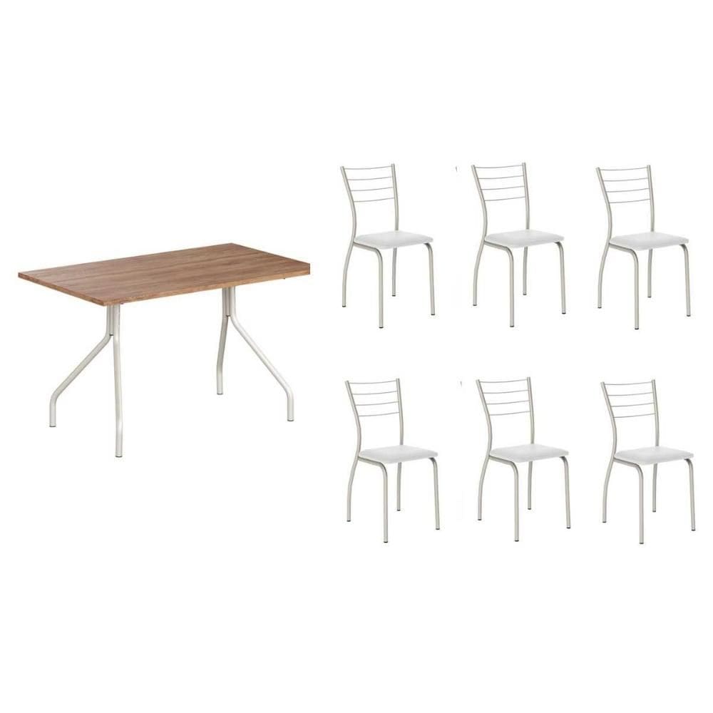 Conjunto: Mesa de Cozinha 1556 Aço 136cm + 6 Cadeiras 1700 Prata/Freijo - Prata/Corano Branco - Carraro