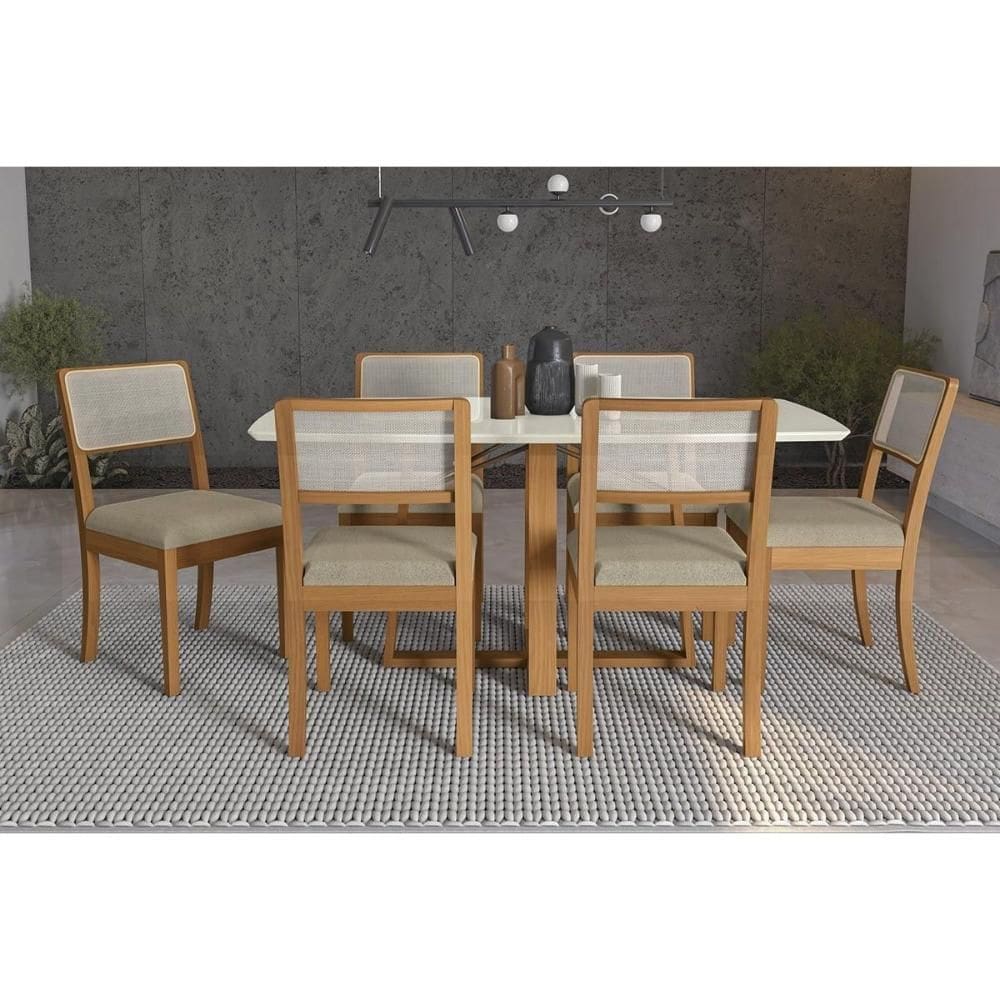 Mesa Cozinha Elma Premium Madeira Maciça c/ Tampo Madeirado c/ Vidro 170x90cm e 6 Cadeiras Lola Carvalho/Off White - Boucle Bege-Kappesberg