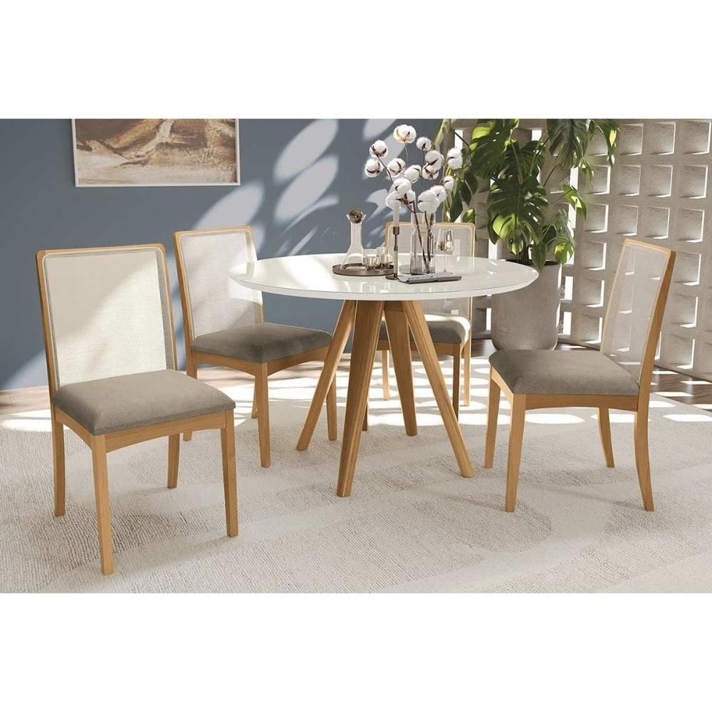 Conjunto Mesa Duna Premium Madeira Maciça c/ Tampo Madeirado c/ Vidro 120x120cm e 4 Cadeiras Lara Carvalho/Off White - Boucle Bege Fendi Kappesberg