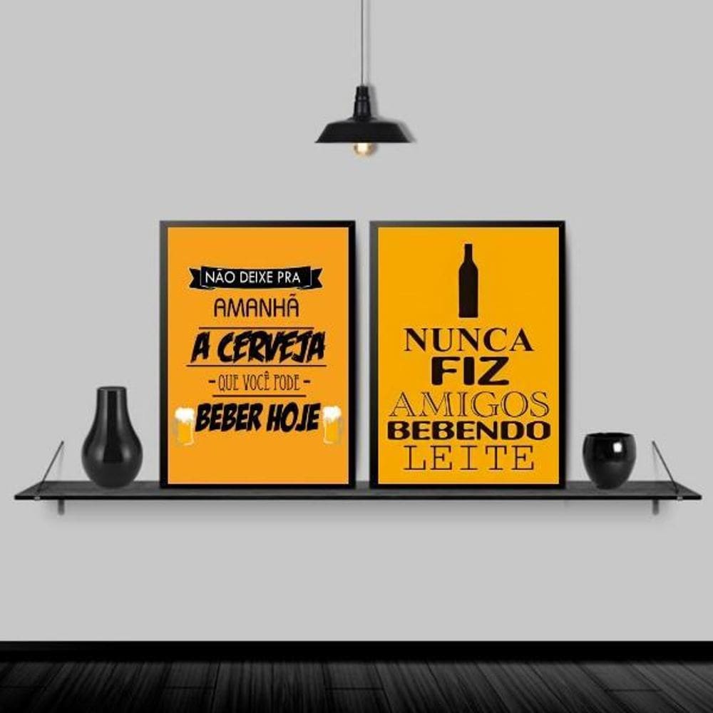 Kit Quadros Cerveja Preto E Amarelo 24X18Cm 2 Peças