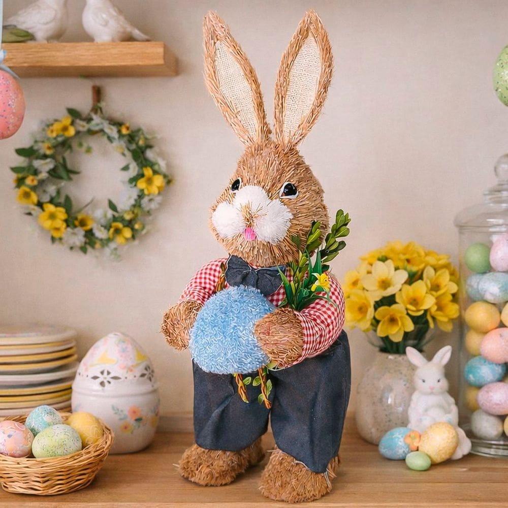 Boneco Coelho Enfeite Decoração Páscoa Palha Artesanal 55cm
