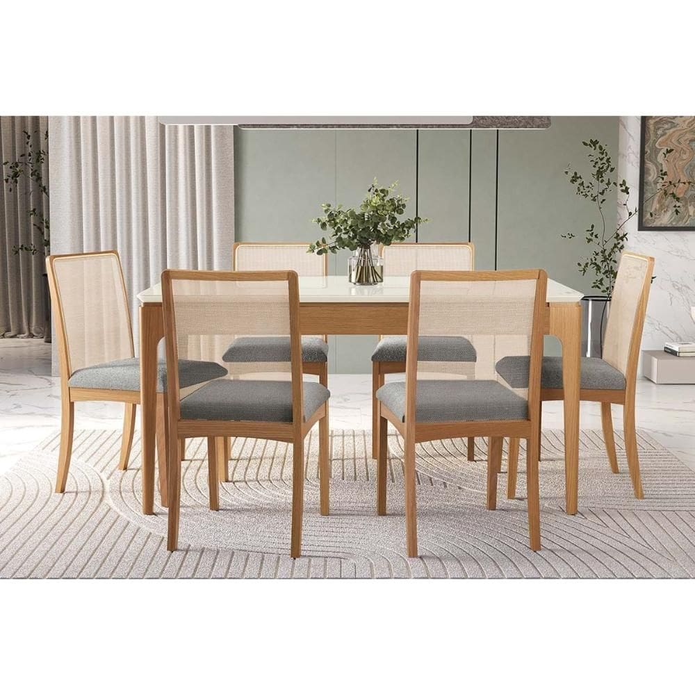 Conjunto Mesa Mira Premium Madeira Maciça c/ Tampo Madeirado c/ Vidro 160x90cm e 6 Cadeiras Lara Carvalho/Off White - Boucle Bege Fendi Kappesberg