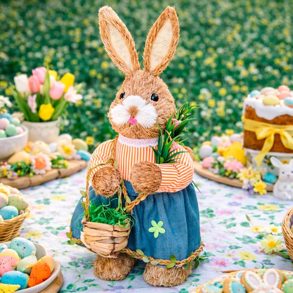 Boneca Coelha Decoração Enfeite Páscoa Palha Artesanal 45cm