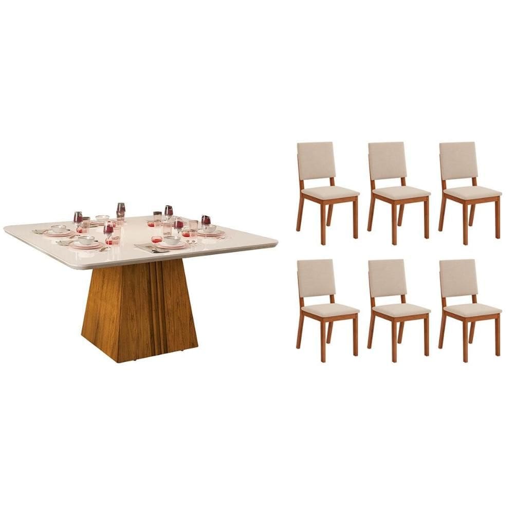 Conjunto: Mesa de Cozinha Itália c/ Tampo Madeirado c/ Vidro Curvo 136x136cm e 6 Cadeiras Talia Freijo/Off White - Suede Creme - DJ Móveis