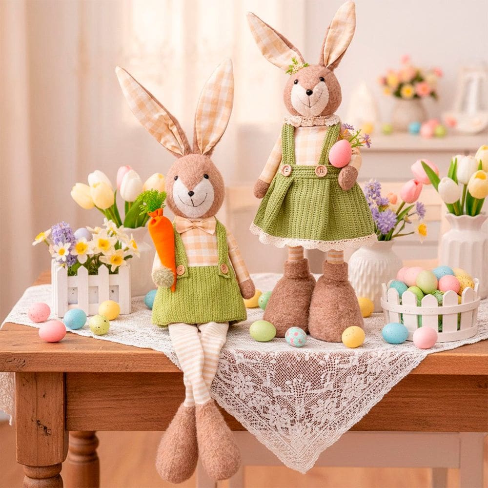 Dupla Coelho Boneco Decoração Páscoa Pernas Mole Ajustáveis