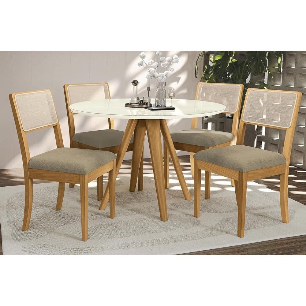 Conjunto Mesa Duna Premium Madeira Maciça c/ Tampo Madeirado c/ Vidro 120x120cm e 4 Cadeiras Lola Carvalho/Off White - Boucle Bege Fendi Kappesberg
