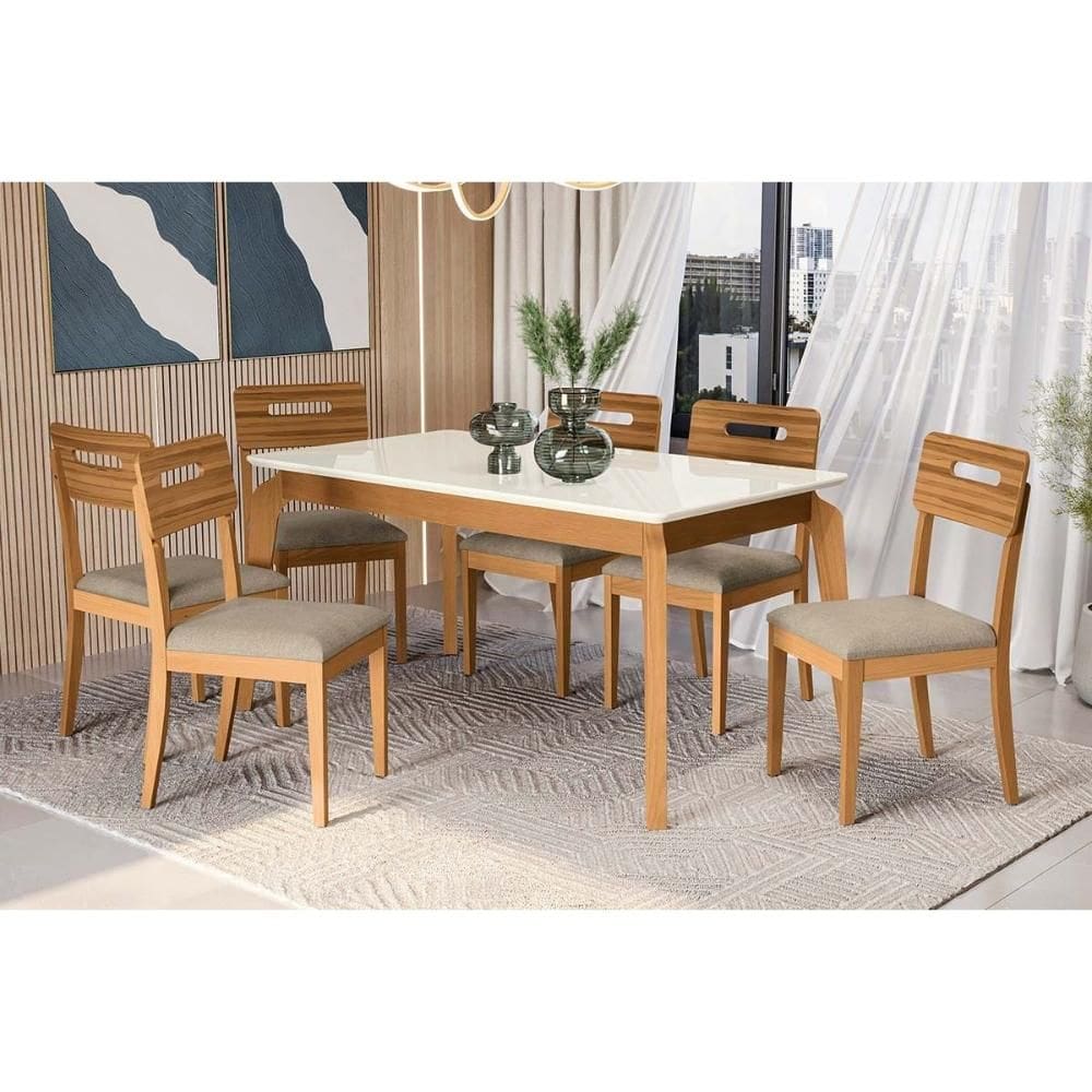 Mesa Cozinha Petra Premium Madeira Maciça c/ Tampo Madeirado c/ Vidro 160x90cm e 6 Cadeiras Lila Carvalho/Off White - Boucle Bege-Kappesberg
