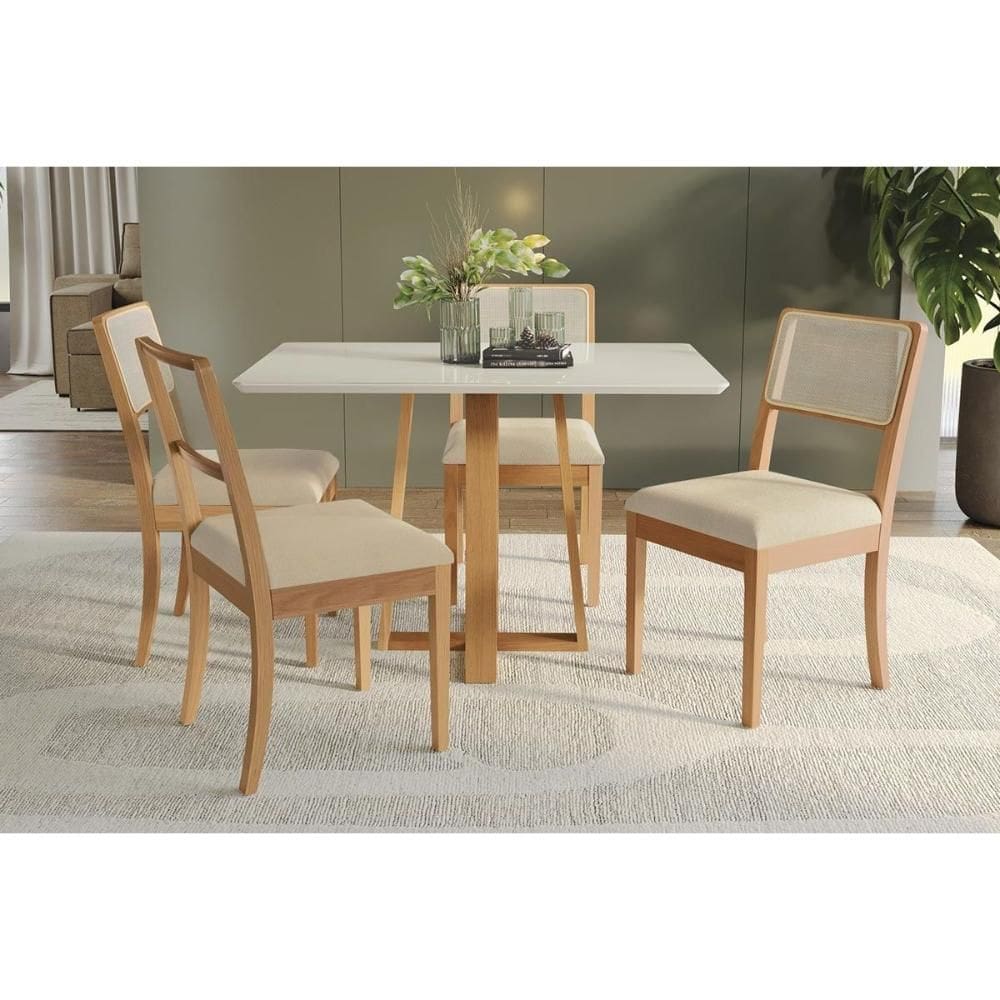 Conjunto Mesa Elma Premium Madeira Maciça c/ Tampo Madeirado c/ Vidro 120x80cm e 4 Cadeiras Lola Carvalho/Off White - Boucle Bege Kappesberg