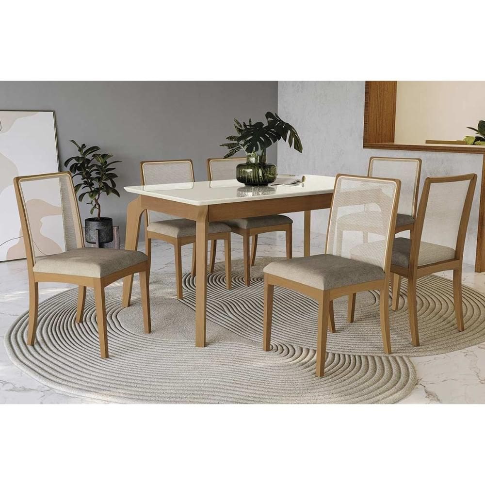 Conjunto Mesa Petra Premium Madeira Maciça c/ Tampo Madeirado c/ Vidro 160x90cm e 6 Cadeiras Lara Carvalho/Off White - Boucle Bege Fendi Kappesberg
