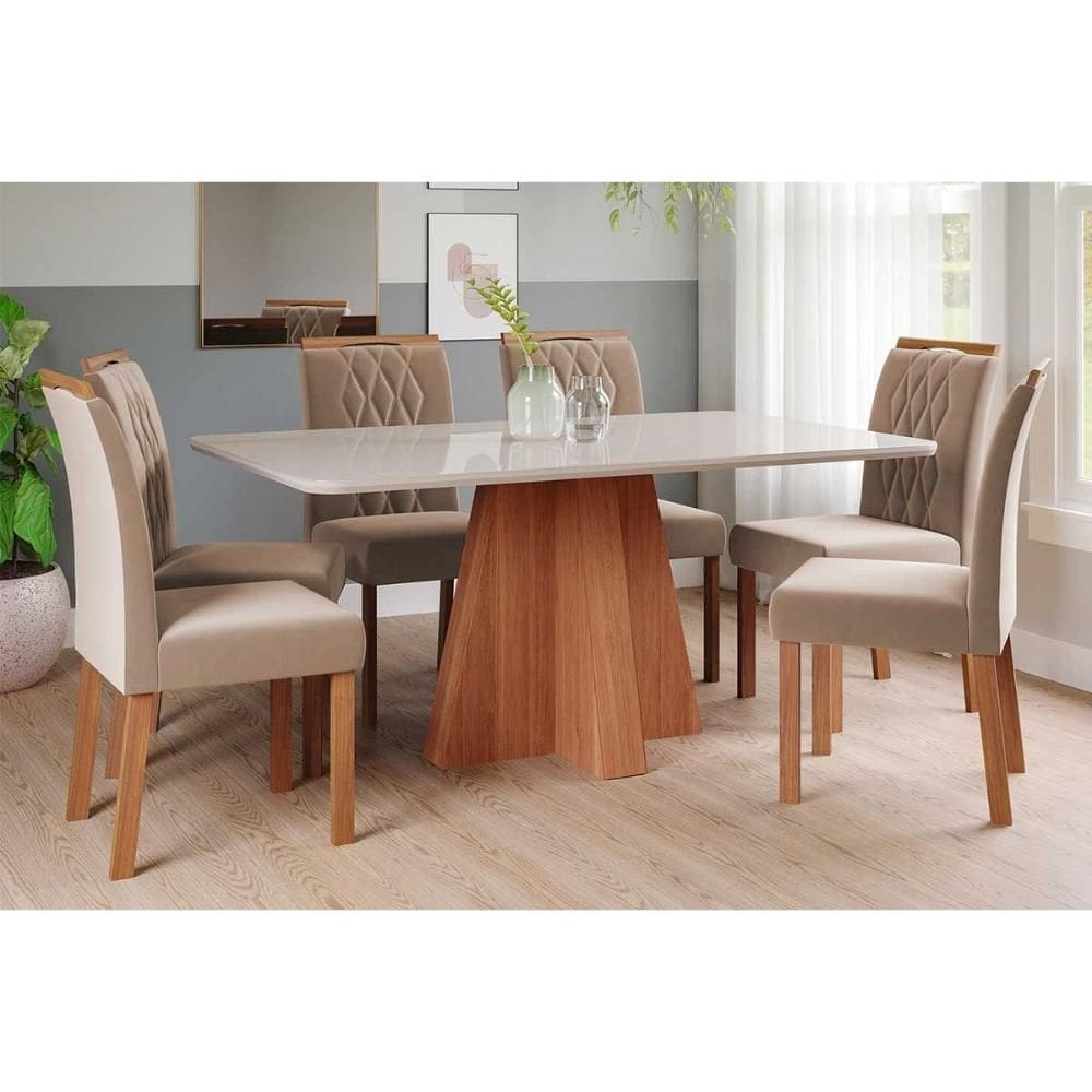 Conjunto: Mesa de Cozinha Maitê Tampo Madeirado c/ Vidro 160x80cm e 6 Cadeiras Juliana Cinamomo/Off White - Carvalho/Linho Bege - Cimol