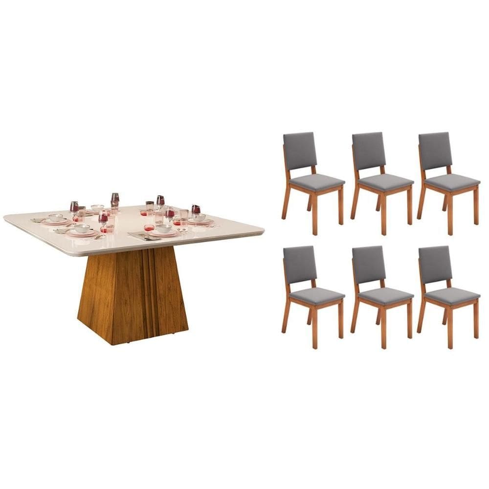 Conjunto: Mesa de Cozinha Itália c/ Tampo Madeirado c/ Vidro Curvo 136x136cm e 6 Cadeiras Talia Freijo/Off White - Suede Lunar - DJ Móveis