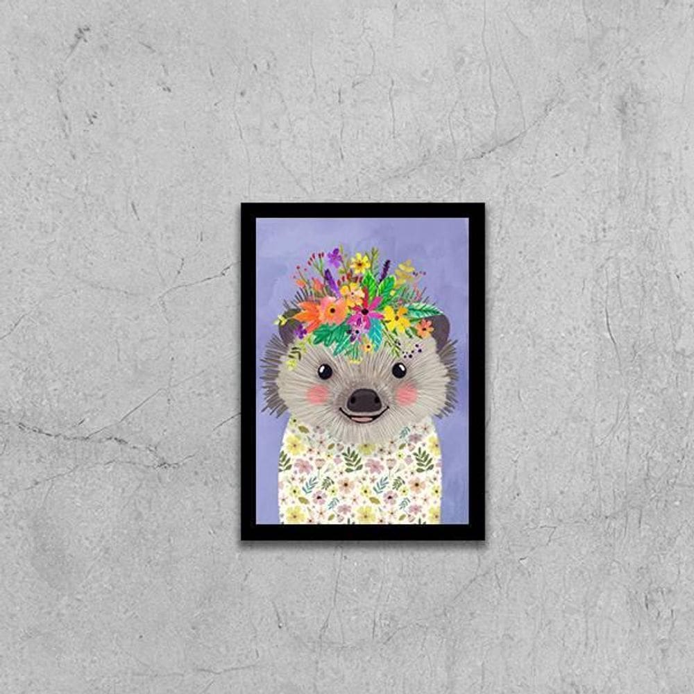 Quadro Ilustração Infantil Porco Espinho Coroa 45X34 Preta