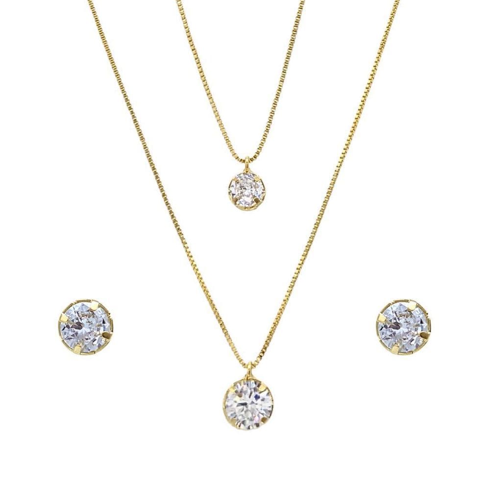 Gargantilha Dupla Folheada A Ouro 45Cm E 40Cm + Brinco