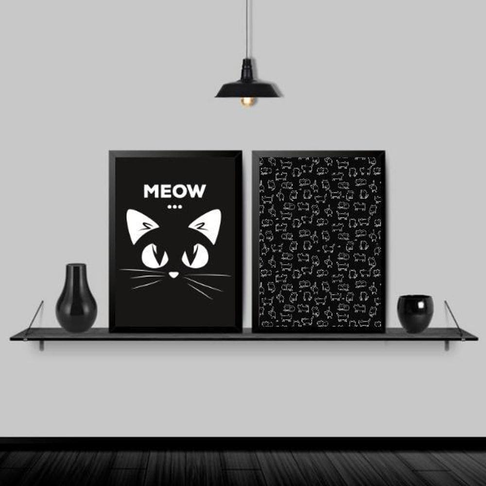 Kit 2 Quadros Gatinho Meow Preto/Branco 33X24 Moldura Preta