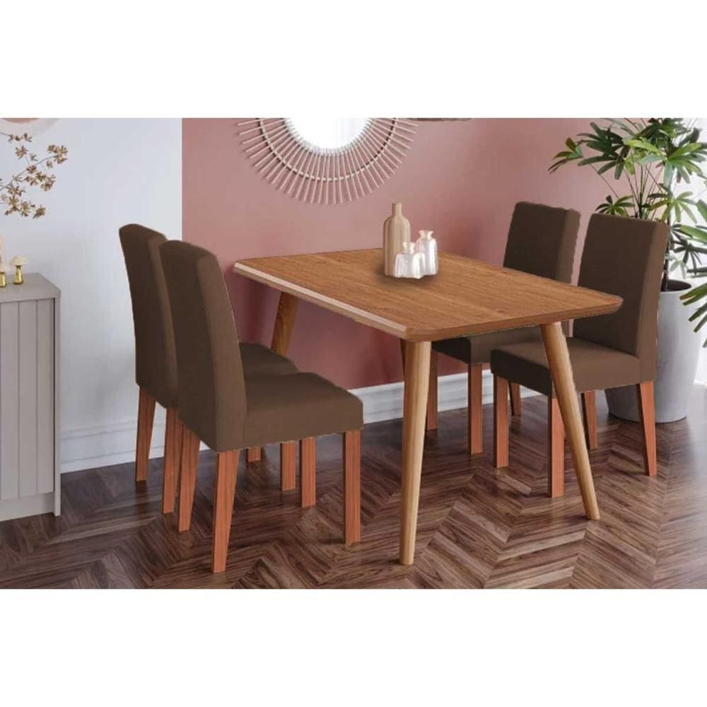 Conjunto: Mesa Sala Jantar Adele Tampo Madeirado 130x80cm e 4 Cadeiras Maia Carvalho/Cinamomo - Cinamomo/Suede Mascavo Chocolate Cimol