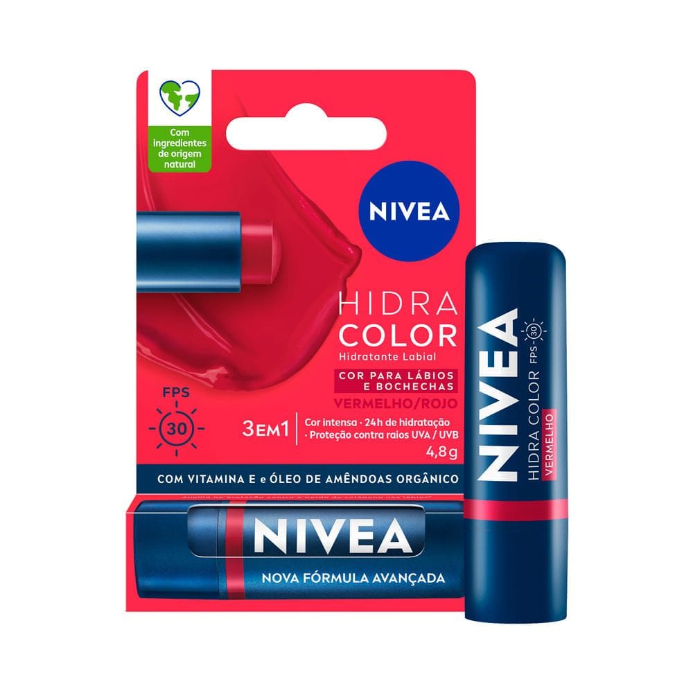 Hidratante Labial Nivea Hidra Color 3 em 1 FPS 30 Vermelho 4,8g