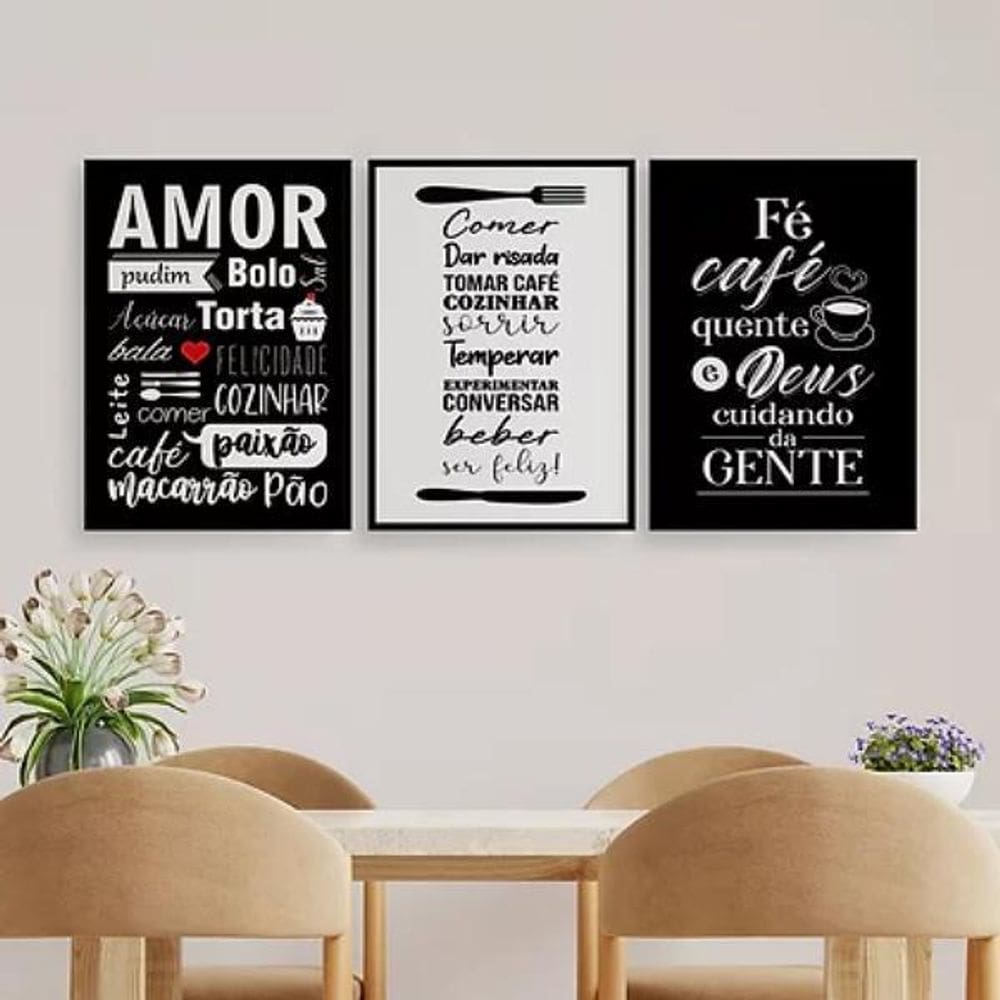 Kit 3 Quadros Amor Comida Café 33X24Cm Madeira Preta