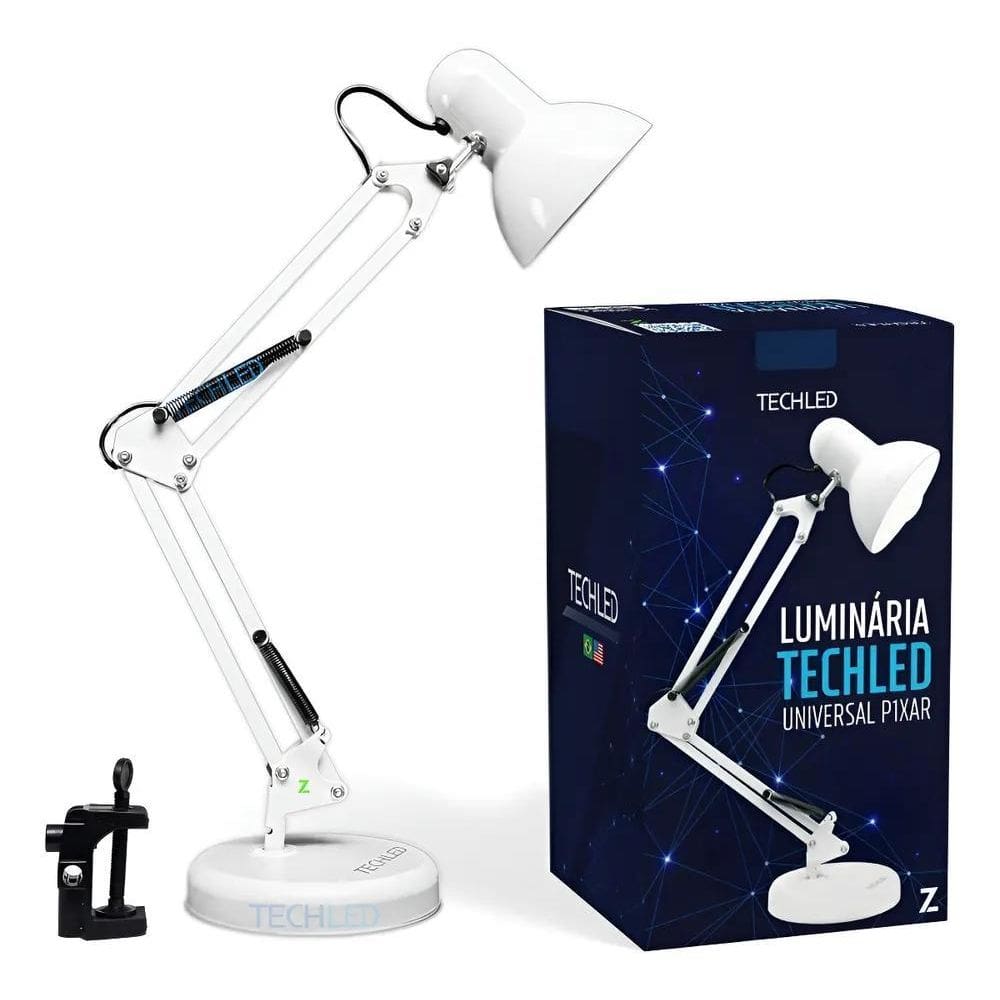 Luminária De Mesa Articulável Branca Abajur Techled Estudo L