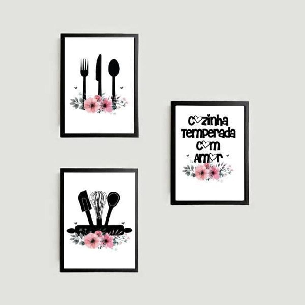 Kit 3 Quadros Cozinha Temperada Amor 45X34 Vidro Preta
