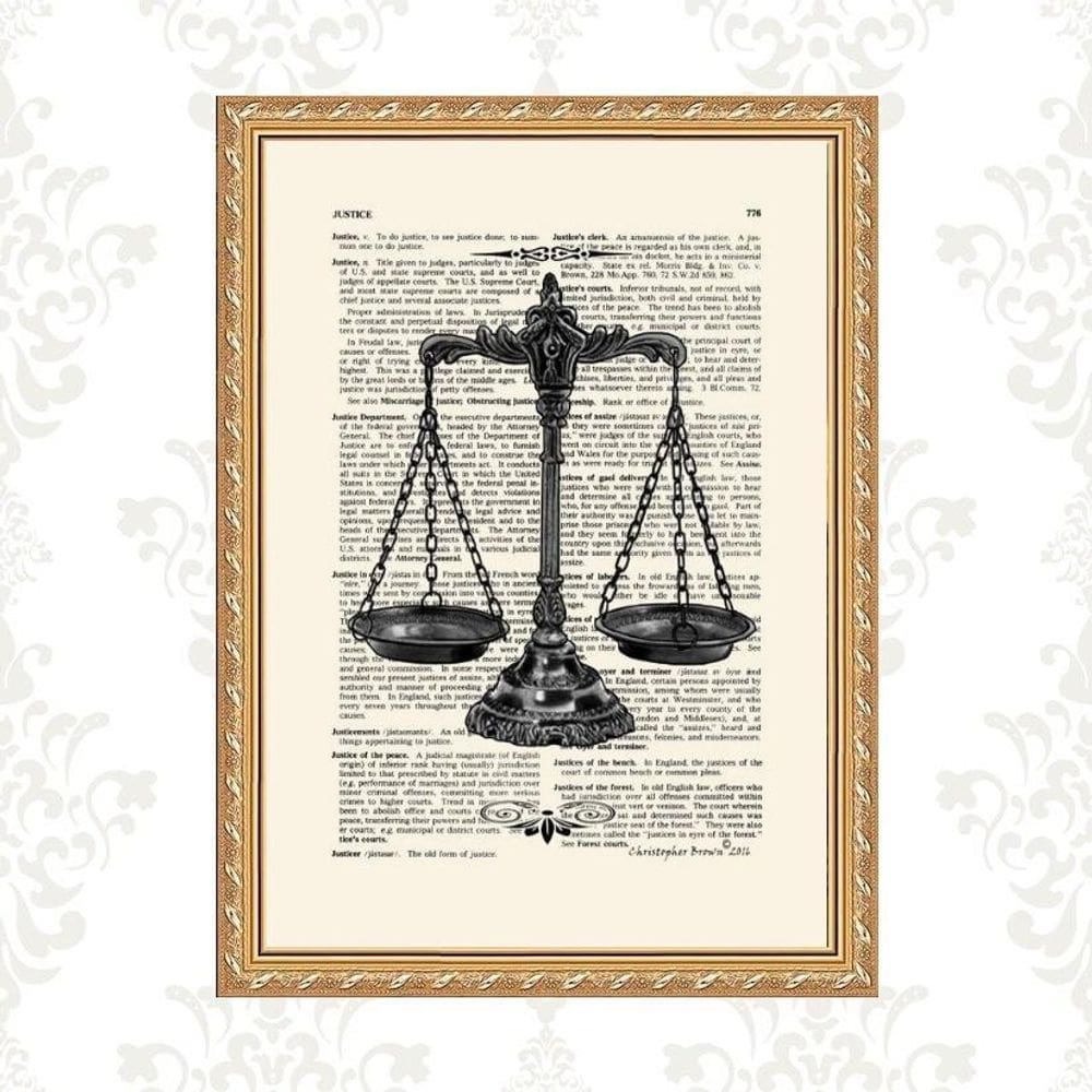 Quadro Moldura Dourada Balança Da Justiça 24X18Cm