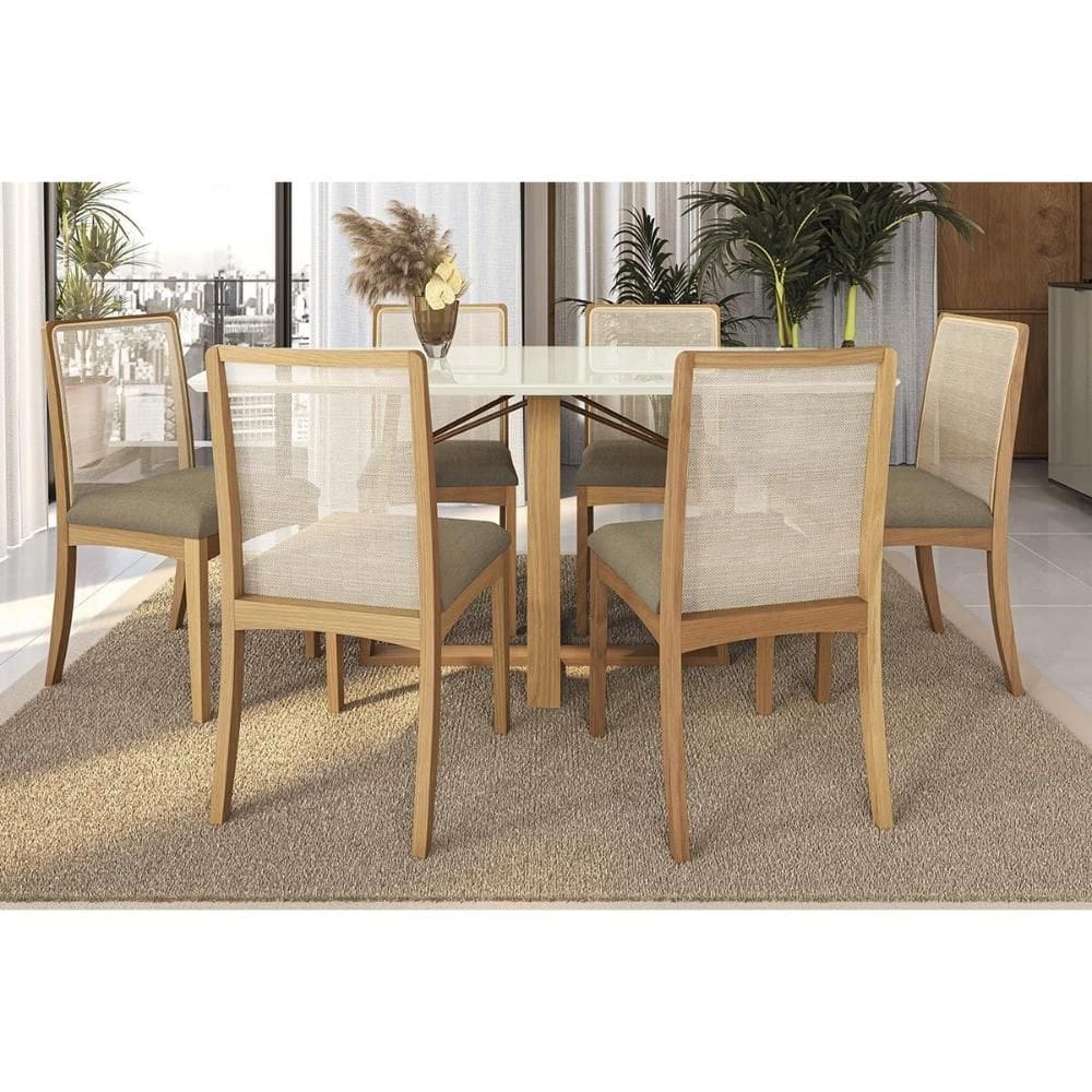 Mesa Cozinha Elma Premium Madeira Maciça c/ Tampo Madeirado c/ Vidro 170x90cm e 6 Cadeiras Lara Carvalho/Off White - Boucle Bege Fendi-Kappesberg